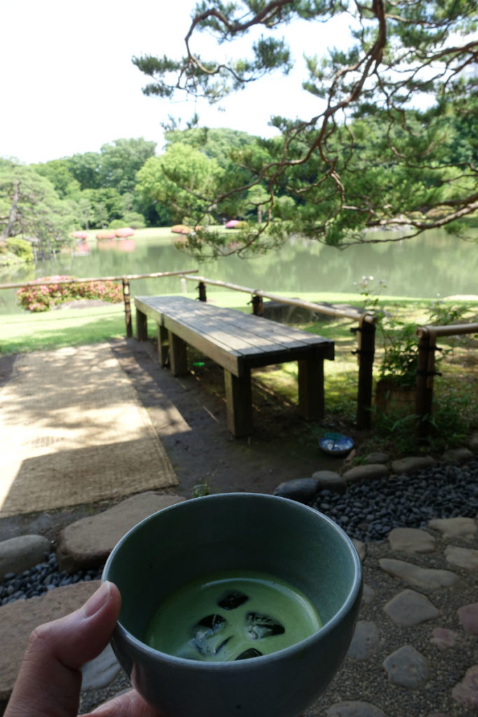 六義園　お茶を頂きながら吹上茶屋から池を眺める