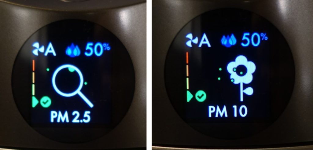 HP01 pure humidity+cool ディスプレイ表示例　PM 2.5とPM10